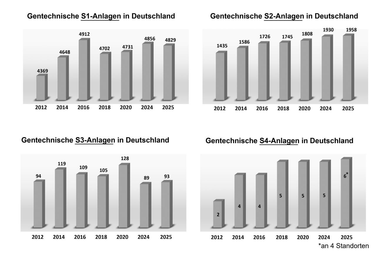Säulendiagramme zeigen die Anzahl gentechnischer Anlagen der verschiedenenen Sicherheitsstufen in Deutschland von den Jahren 2012 bis 2025. Die genauen Zahlen sind auch den Tätigkeitsberichten der ZKBS zu entnehmen.